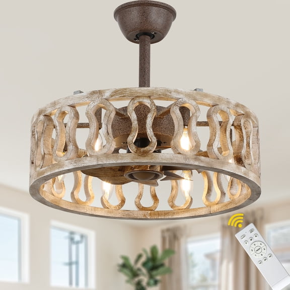 Bella Depot 18" Solid Wood Caged Ceiling Fan with Light and Remote Control, 6-Speed Reversible Chandelier