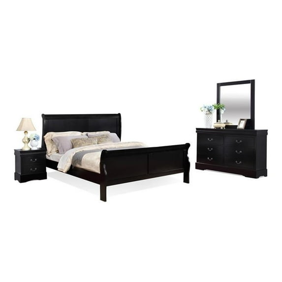 Bella Esprit 4-piece Traditional Solid Wood King Sleigh Bedroom Set in Black