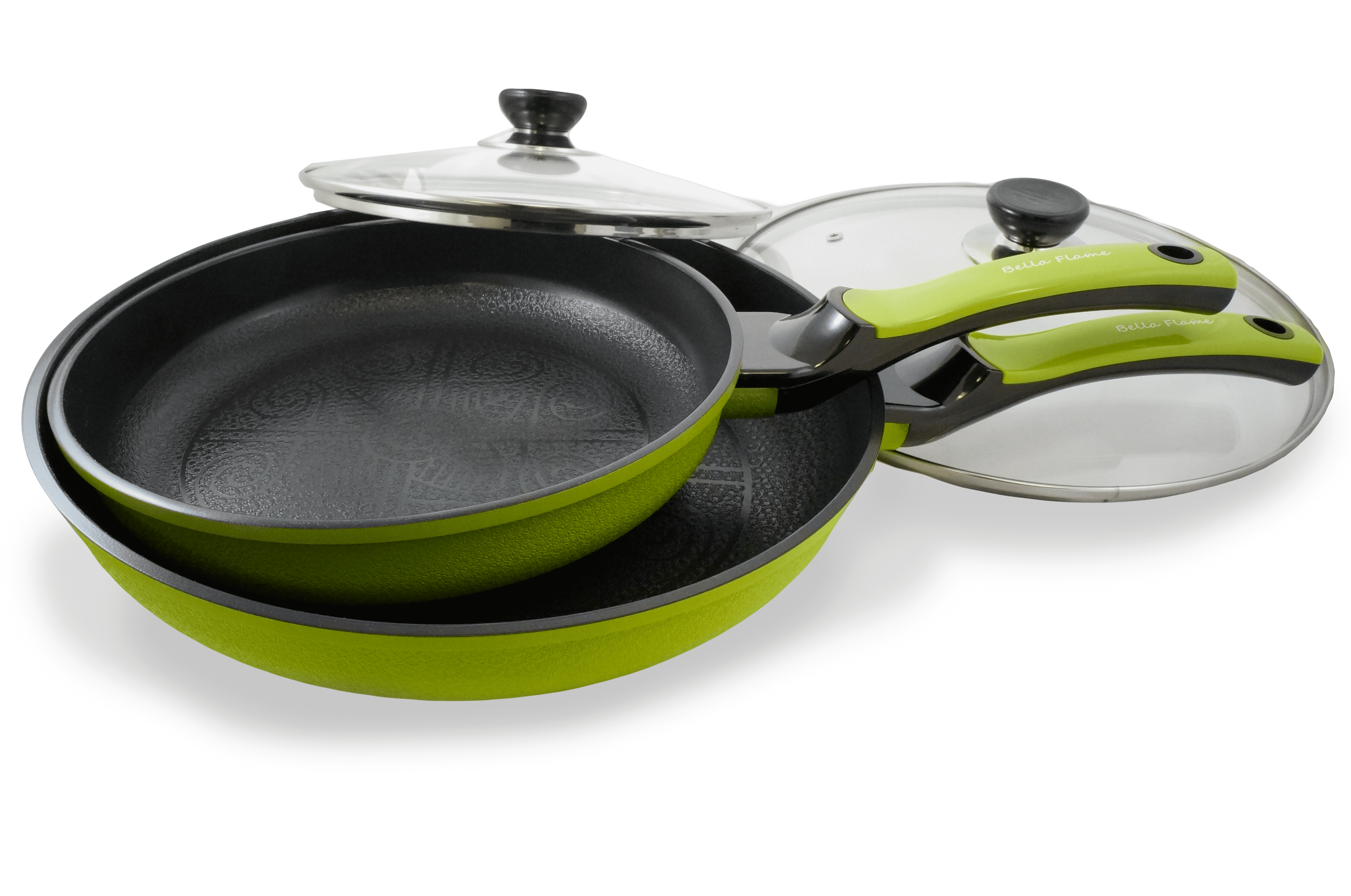 Bella Flame 4Piece Cookware Set, Nonstick Fry Pans w/Glass Lids, Nano