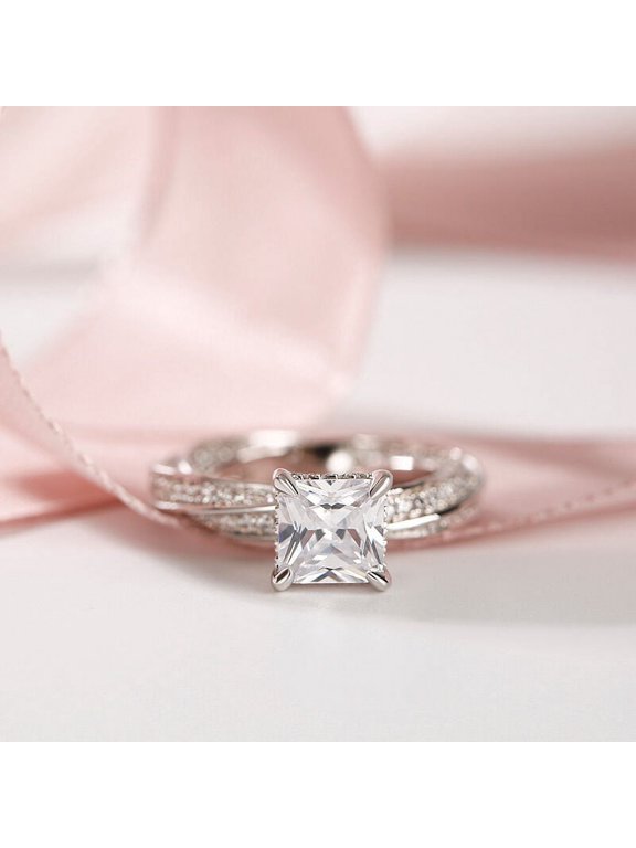 1.7 Ct Princess Cut Twisted Shank Lab-Created Simulated Diamond Engagement Wedding Ring 14K White Gold Plated