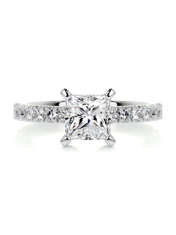 1.8 Ct Princess Cut Lab-Created Simulated Diamond Solitaire with Accent Ring 14K White Gold Plated Eternity Band for Her