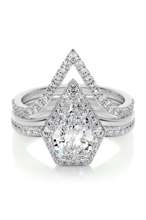 1.9 Ct Pear Excellent Cut Diamond Ring - 14K White Gold Plated Ring - Gift for Her - Halo Diamond Ring for Her - Eternity Band Diamond Ring for Bridal - Bridal Set Diamond Ring