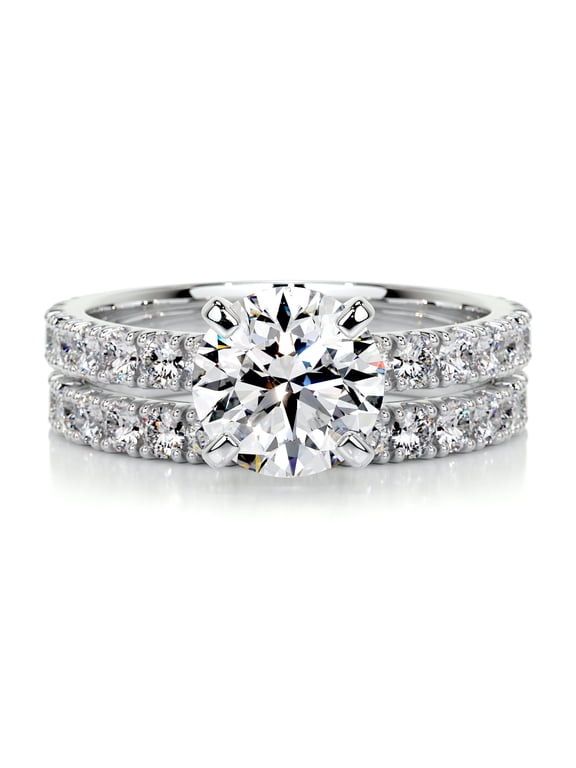 1.9 Ct Round Cut Diamond Ring with Two Eternity Bands - Lab-Created Simulated Diamond - 14K White Gold Plated - Ideal Women Engagement Ring - Perfect for Special Occasions and Anniversary