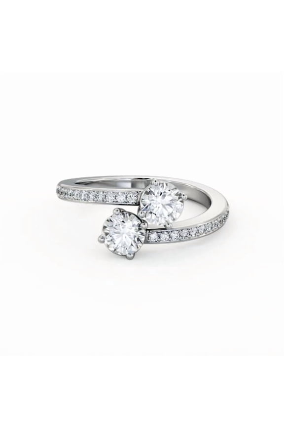 1.9 Ct Round Cut Lab Created Diamond Engagement Ring - 14K White Gold Plated - Toi Et Moi Bypass Design Solitaire Ring - Classic Solitaire with Accent Diamonds for Proposal