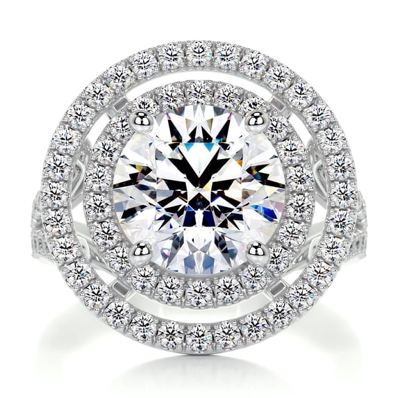 Bella Jewel 1.9 Ct Round Cut Lab Created Simulated Diamond - 14K White Gold Plated Ring - Wedding Ring - Solitaire with Accent Diamond Ring - Eternity Diamond Ring - Double Halo Diamond Ring