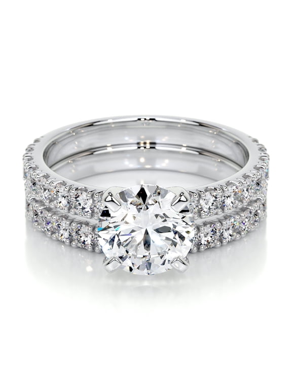 1.9 Ct Round Cut Two Eternity Diamond Ring - Lab-Created Simulated Diamond - 14K White Gold Plated Prong Setting - Ideal Engagement and Wedding Ring for Women - Timeless Jewellery Gift