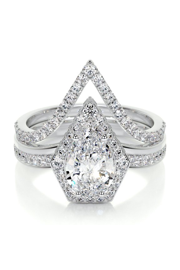 14K White Gold Plated Diamond Ring for Her - Pear Cut Excellent 2 Ct Diamond Ring - Eternity Diamond Ring for Her - Halo Diamond Ring for Women's - Anniversary Gift for Her