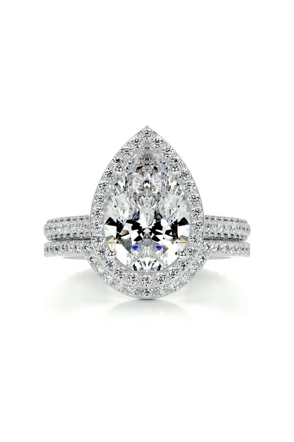 14K White Gold Plated Diamond Ring for Women's - 2.4 Ct VVS1/D Pear Cut Lab Created Diamond Ring for Her - Halo Diamond Ring for Couples - Full Eternity Diamond Ring for Women's