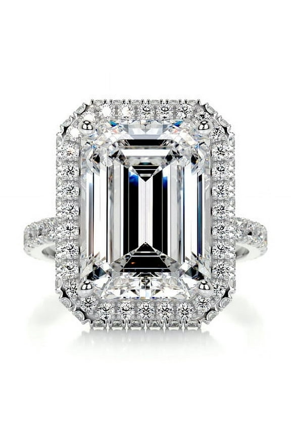 14K White Gold Plated Ring - 2 Ct Emerald Excellent Cut Diamond Ring - Gift for Her - Halo Diamond Ring - Eternity Band Diamond Ring for Her - Hidden Halo Diamond Ring for Her