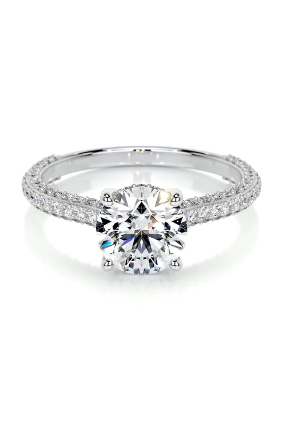 14K White Gold Plated Ring - Anniversary Ring - Round Cut Brilliant 1.8 Ct Diamond Ring for Her - Solitaire with Accent Diamond Ring for Her - Eternity Band Diamond Ring for Her