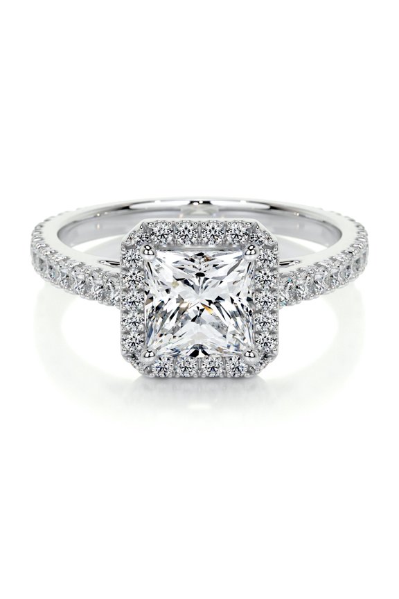 14K White Gold Plated Ring - Gift for Her - 1.9 Ct Princess Excellent Cut Diamond Ring for Her - Halo Diamond Ring for Her - Eternity Band Diamond Ring - Bridal Set Diamond Ring