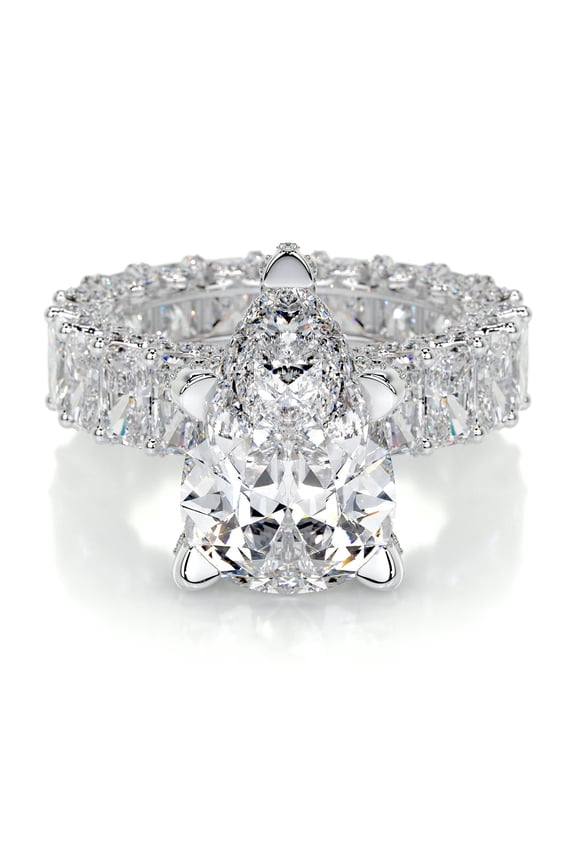 14K White Gold Plated Ring - Pear Cut Excellent 2.5 Ct Diamond Ring for Her - Anniversary Ring - Solitaire with Accent Diamond Ring for Women's - Eternity Band Diamond Ring for Her