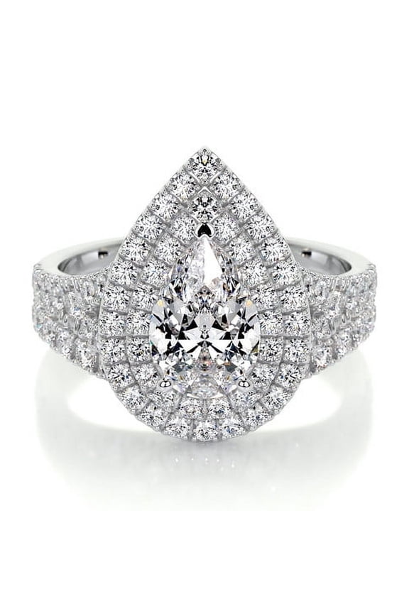 14K White Gold Plated Ring - Wedding Ring - 1.8 Ct Pear Cut Lab Created Simulated Diamond - Solitaire with Accent Diamond Ring - Eternity Diamond Ring - Double Halo Diamond Ring