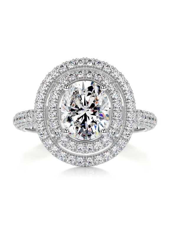 14K White Gold Plated Ring - Wedding Ring - 1.9 Ct Oval Cut Lab Created Simulated Diamond - Solitaire with Accent Diamond Ring - Eternity Diamond Ring - Double Halo Diamond Ring