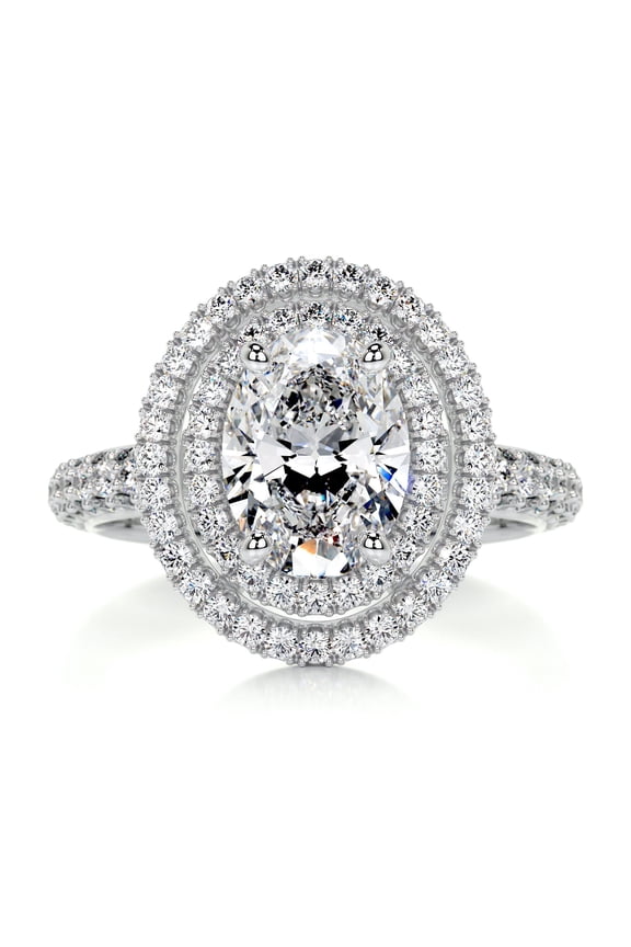 14K White Gold Plated Ring - Wedding Ring - 1.9 Ct Oval Cut Lab Created Simulated Diamond - Solitaire with Accent Diamond Ring - Eternity Diamond Ring - Double Halo Diamond Ring