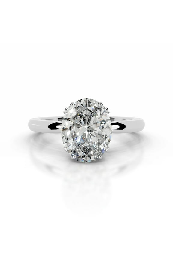 14K White Gold Plated Rings - Wedding Rings - 2.1 Ct Oval Cut Lab Created Simulated Diamond - Solitaire with Accent Diamond Rings for Her - Engagement Wedding Diamond Rings for Her
