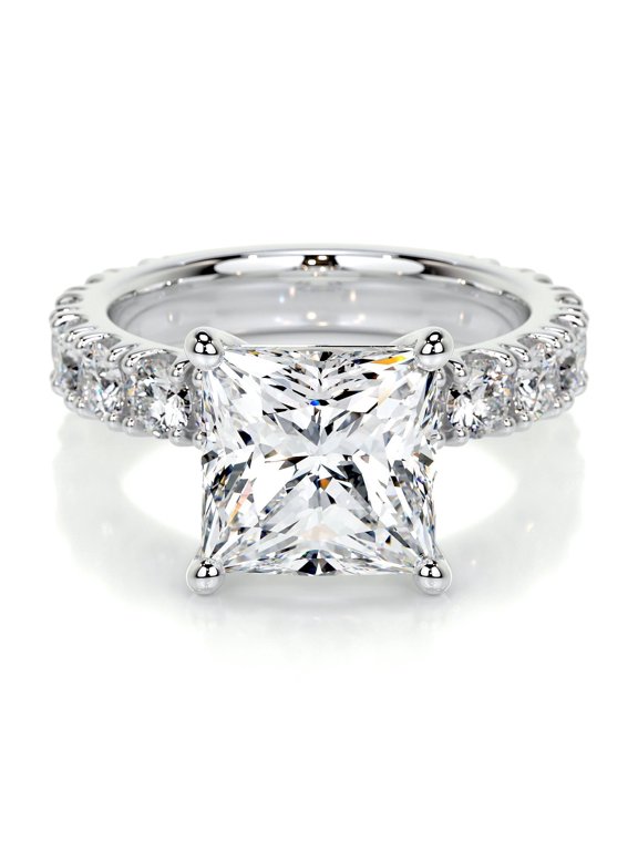 2.1 Ct Princess Cut Lab-Created Simulated Diamond Solitaire with Accent Ring 14K White Gold Plated Eternity Band for Women