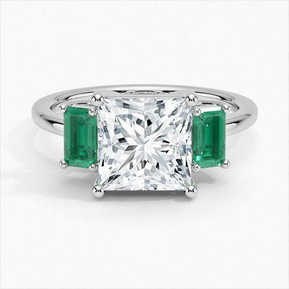 Bella Jewel 2.43 Ct Three Stone Princess Cut Lab Created Emerald Diamond Engagement Ring - Elegant 14K White Gold Plated Emerald Wedding Ring - Stunning Wedding Anniversary Women's Ring for Wife