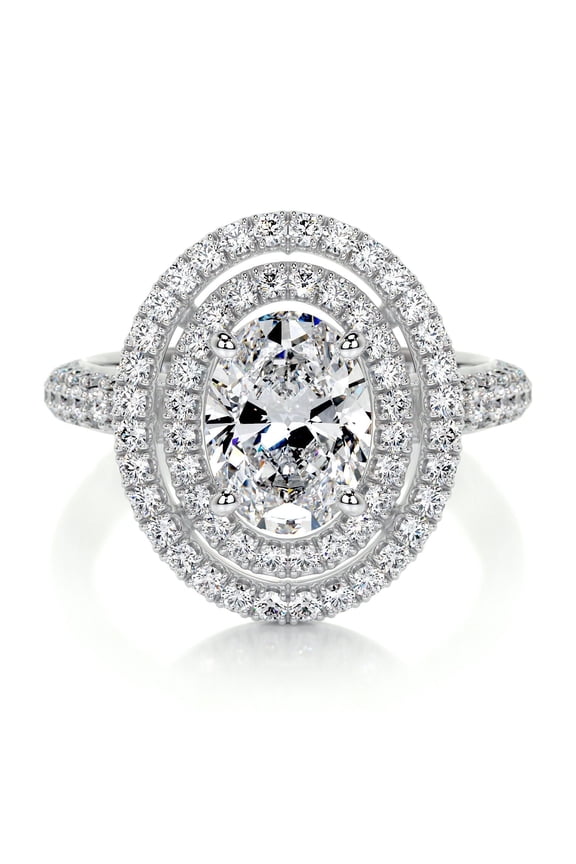 2 Ct Oval Cut Lab Created Simulated Diamond - 14K White Gold Plated Ring - Wedding Ring - Solitaire with Accent Diamond Ring - Eternity Diamond Ring - Double Halo Diamond Ring