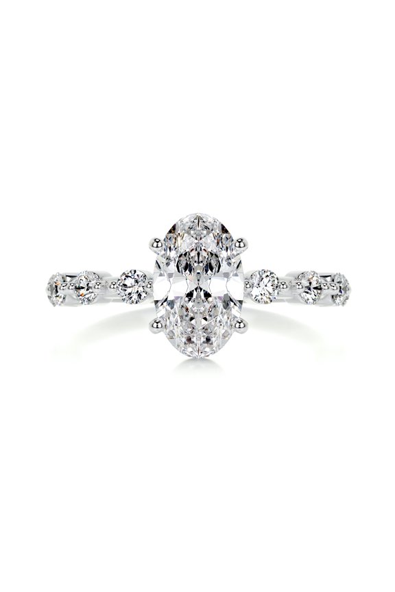 2 Ct VVS1/D Oval Cut Lab Created Diamond Ring for Her - 14K White Gold Plated Ring - Solitaire with Accent Diamond Ring for Women's - Engagement Wedding Diamond Ring for Her