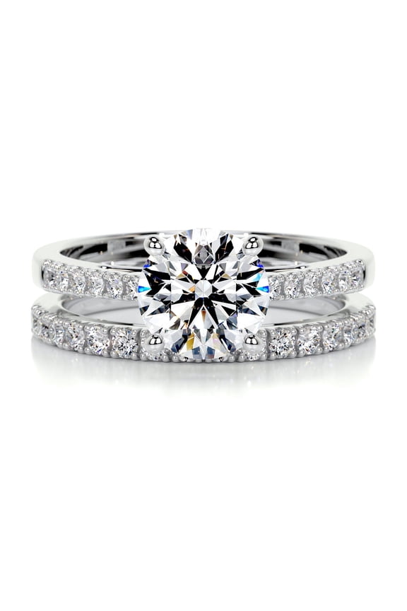 Anniversary Gift - 14K White Gold Plated Ring - Round Cut Brilliant 1.9 Ct Diamond Ring - Solitaire with Accent Diamond Ring for Her - Full Eternity Band Diamond Ring for Her