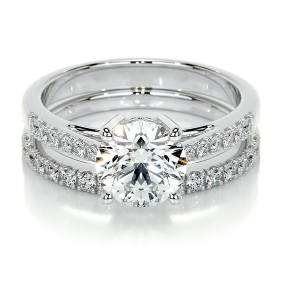 Bella Jewel Anniversary Gift - 14K White Gold Plated Ring - Round Cut Brilliant 1.9 Ct Diamond Ring - Solitaire with Accent Diamond Ring for Her - Two Full Eternity Diamond Ring for Women's