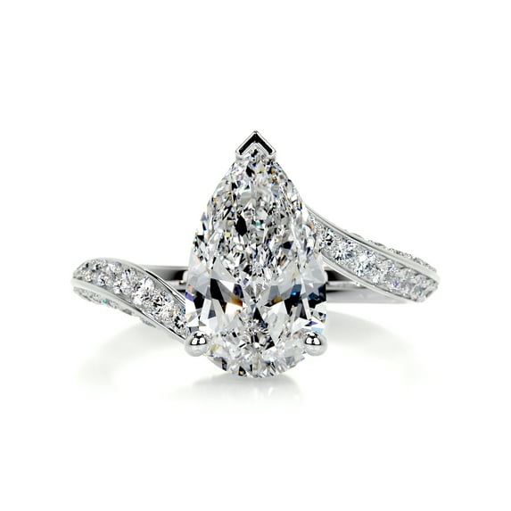 Bella Jewel Anniversary Ring - 14K White Gold Plated Ring - Pear Cut Excellent 2 Ct Diamond Ring for Her - Solitaire with Accent Diamond Ring for Women's - Bypass Diamond Ring for Women's