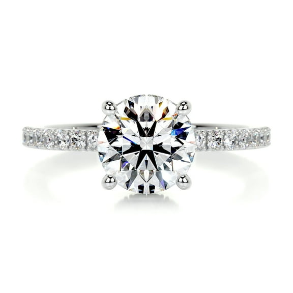 Bella Jewel Anniversary Ring - Round Cut Brilliant 1.7 Ct Diamond Ring for Her - 14K White Gold Plated Ring - Solitaire with Accent Diamond Ring for Her - Eternity Band Diamond Ring for Her