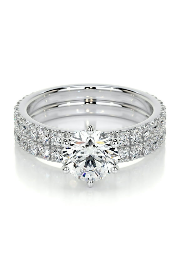 Beautiful Round Cut Two Eternity Band Diamond Ring - 1.9 Ct Lab-Created Simulated Diamond in Prong Setting - 14K White Gold Plated - Engagement Ring - Ideal for Proposal and Birthday Gift