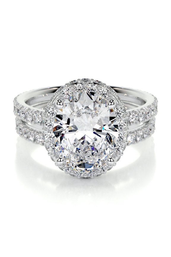 Elegant Oval Cut Halo Engagement Ring with Hidden Halo and Two Eternity Band - 2.1 Ct Lab Created Simulated Diamond in 14K White Gold Plated - Ideal Gift for Her for Wedding and Birthday