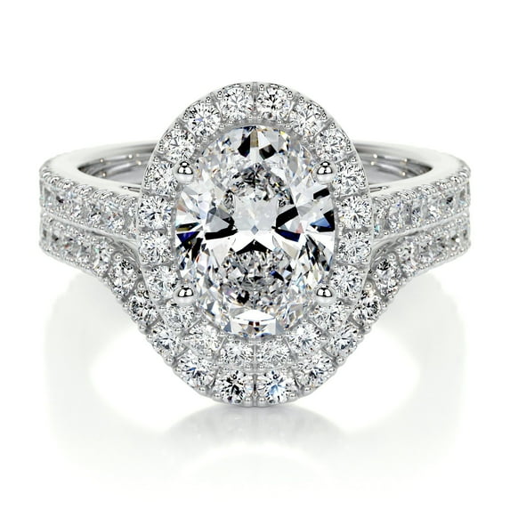 Bella Jewel Exquisite Oval Cut Halo Engagement Ring - 1.9 Ct Lab Created Simulated Diamond with Two Eternity Bands in 14K White Gold Plated - Ideal Women's Ring for Proposals and Memorable Gift