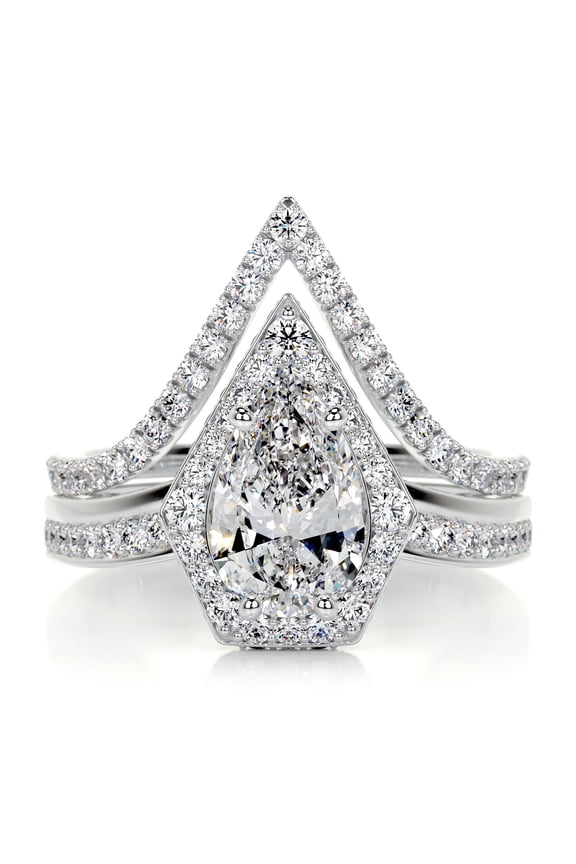 Jewel 14K White Gold Plated Ring - 2.1 Ct VVS1/D Pear Cut Lab Created Simulated Diamond Ring for Her - Halo Diamond Ring for Her - Eternity Diamond Ring for Women's - Bridal set Ring