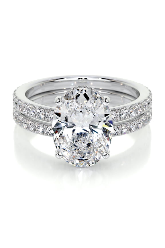 Oval Cut Excellent 2.1 Ct Diamond Ring For Women's - Eternity Band Diamond Ring for Her - 14K White Gold Plated Diamond Ring - Solitaire with Accent Diamond Ring - Hidden Halo Ring