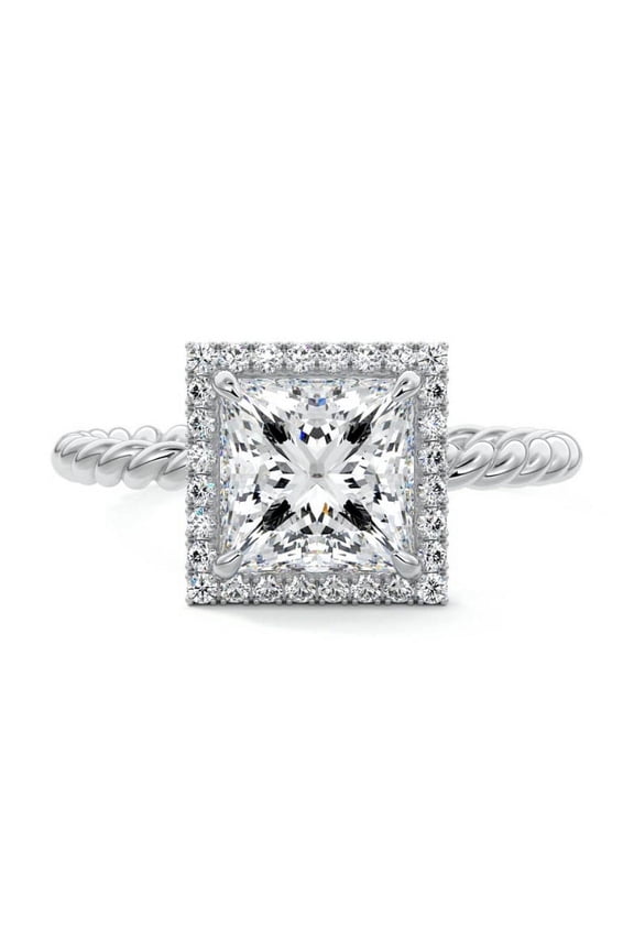 Princess Cut 1.9 Ct Lab Created Diamond Twisted Wedding Ring - Stamped 14k Silver Diamond Engagement Ring - Halo Promise Wedding Ring for Her Her - Diamond Anniversary Gifts