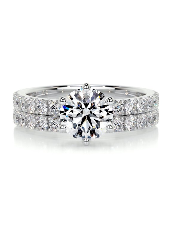 Round Cut Two Eternity Diamond Ring for Her - 1.9 Ct Lab-Created Simulated Diamond in Prong Setting - 14K White Gold Plated - Engagement Ring for Women - Memorable Gift for Celebrations