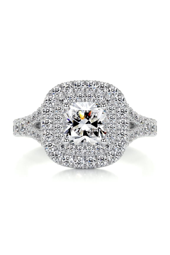 Wedding Ring - 14K White Gold Plated Diamond Ring for Her - Cushion Cut Excellent 1.9 Ct Diamond Ring - Solitaire with Accent Diamond Ring for Women's - Double Halo Diamond Ring