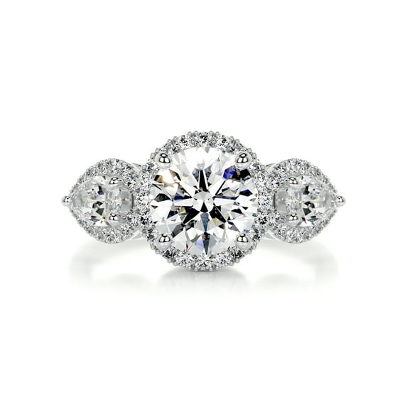 Bella Jewel Wedding Ring - 14K White Gold Plated Diamond Ring for Her - Three Stone Halo Diamond Ring - Engagement Wedding Diamond Ring for Her - Round Cut Brilliant 1.9 Ct Diamond Ring