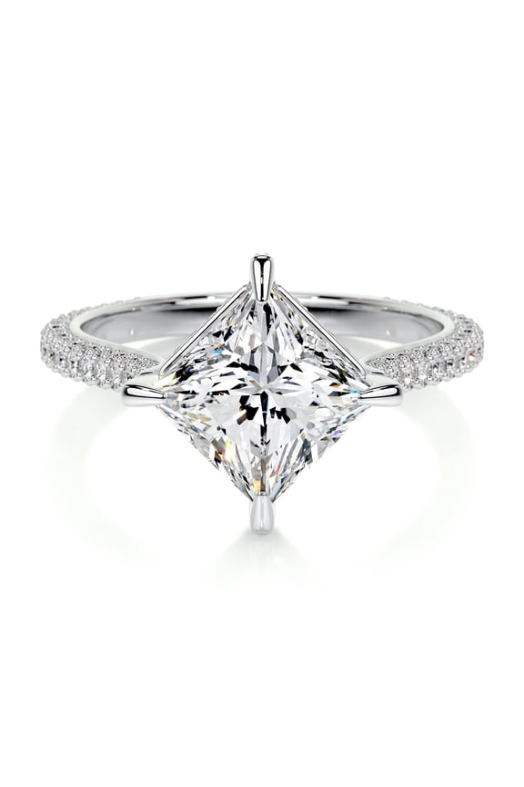 Wedding Ring - 14K White Gold Plated Ring - 1.9 Ct Princess Cut Lab Created Simulated Diamond - Solitaire with Accent Diamond Ring for Her - Engagement Wedding Diamond Ring for Her