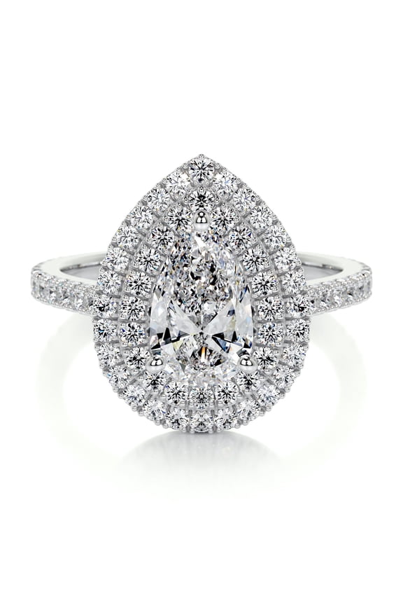 Wedding Ring - 2 Ct Pear Cut Lab Created Simulated Diamond - 14K White Gold Plated Ring - Solitaire with Accent Diamond Ring - Eternity Diamond Ring - Double Halo Diamond Ring