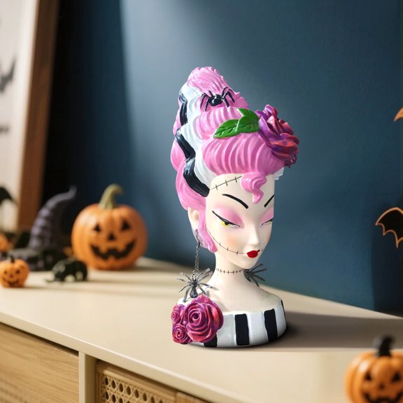 Bella Lux Retro Bride of Frankenstein Bust Statue 10 Inch Resin Halloween Figurine, Gothic Pink Viral 2025 Collectible Decor for Shelf, Table Display