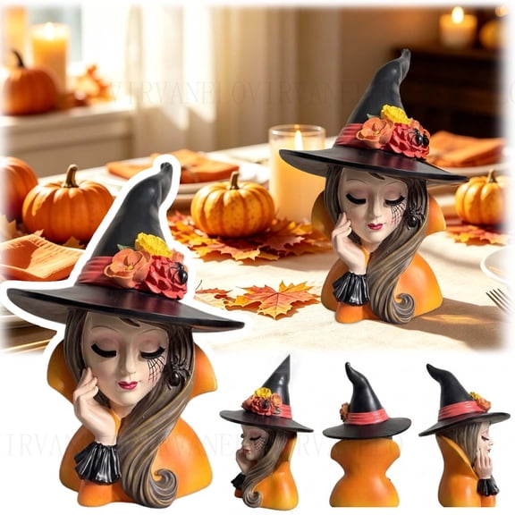 Bella Lux Vintage Halloween Witch Collectible Figurine, Orange & Black Retro Folk Art Witch Statue, Indoor Tabletop Mantel Shelf Sitter Decoration for Halloween Home Party