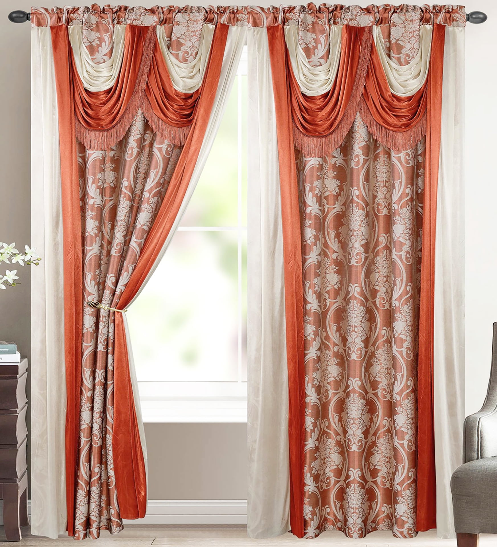 Bella Luxury Jacquard Curtain Panel with Attached Waterfall Valance & Scarf 54 by 84-Inch Brick