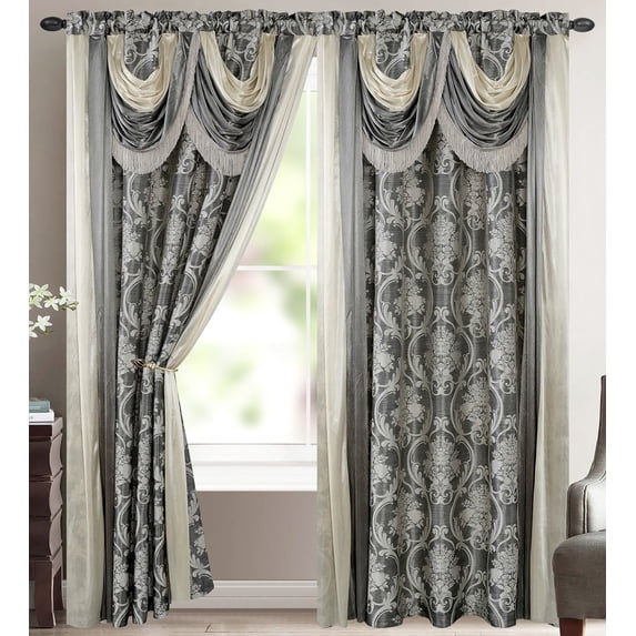 Bella Luxury Jacquard Curtain Panel with Attached Waterfall Valance & Scarf 54 by 84-Inch Grey