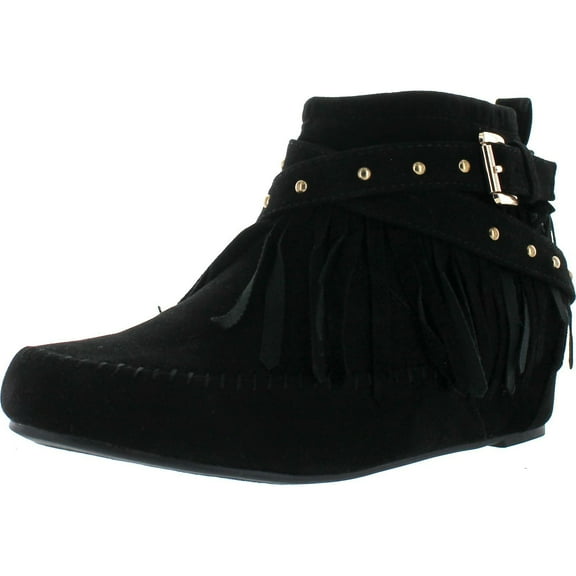 Bella Marie Campus-25 Women's Shiny Studded Criss Cross Side Zip Fringe Booties