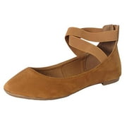 ANNA Bella Marie Dana-20 Tan Suede Classic Ballerina Flats w/Elastic Crossing Straps (Tan, 6)