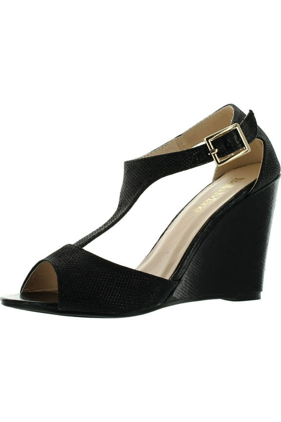 Soho-13 Womens Buckle T-strap Shinny Glitters Peep Toe Wedge Sandal