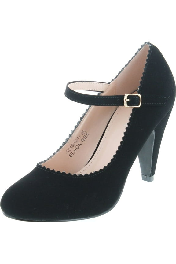 Women's Mary Jane Ankle Strappy Scalloped Mid Heel Dress Pump