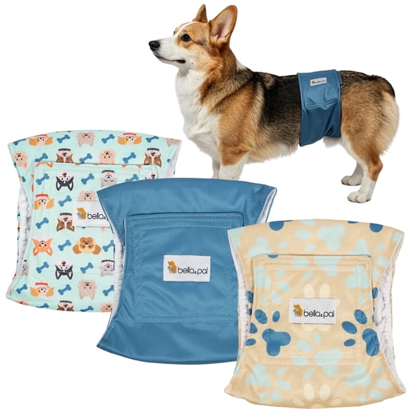 Bella & Pal Blue Cartoon Male Dog Diapers, 3-Pack, Highly Absorbent Washable Diapers for Small Dogs, Leak-Proof Puppy Diapers, M