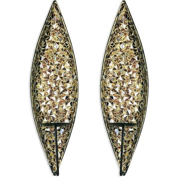 Bella Palacio” Glass Mosaic & Metal Wall Mounted Decorative Candle Holder Wall Sconce,Set of 2, Large Size 18 in. Light Weight Wall Decor (Golden Sands)
