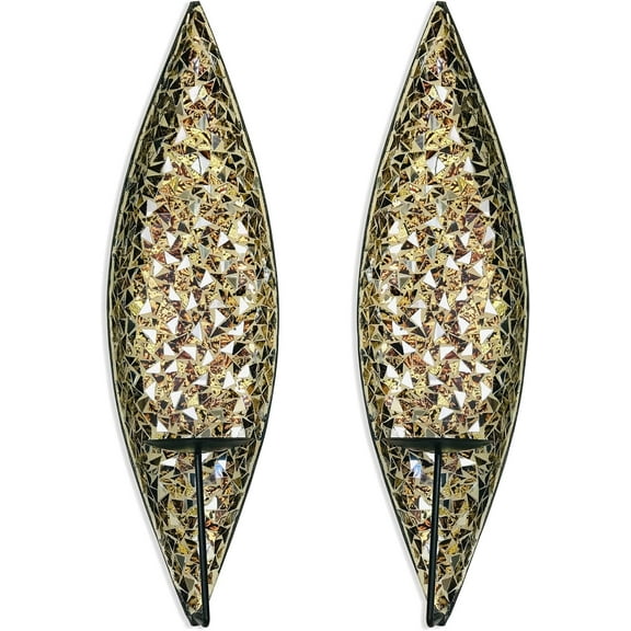 Bella Palacio” Glass Mosaic & Metal Wall Mounted Decorative Candle Holder Wall Sconce,Set of 2, Large Size 18 in. Light Weight Wall Decor (Golden Sands)